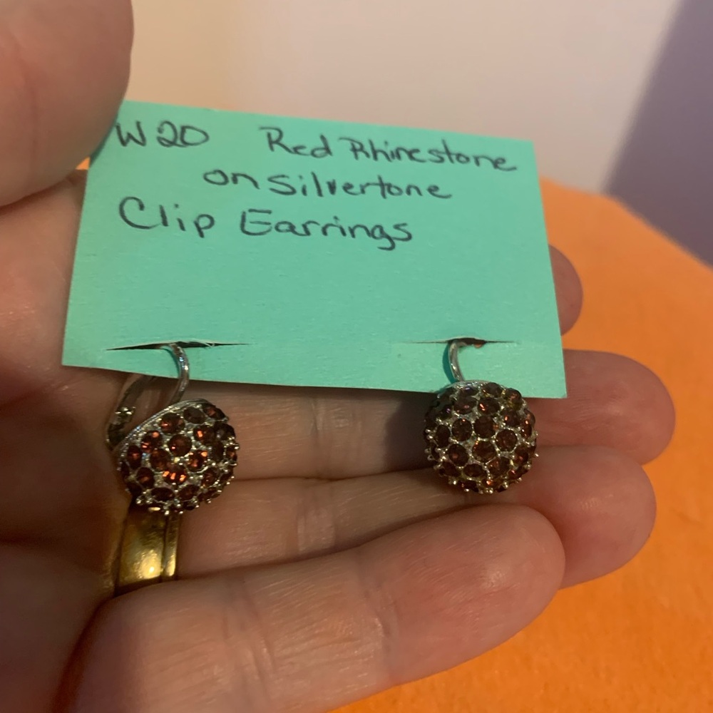 Red Rhinestone Clip Silvertone earrings – EUC